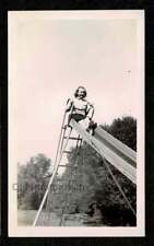 LOOKING UP @ YOUNG LADY @ TOP OF SLIDE PARK PLAYGROUND OLD/VINTAGE PHOTO- K68 picture