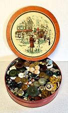 4 Pounds VTG SEWING BUTTONS in Dickens Style Horse Buggy Fruitcake Tin picture