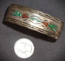 OLDER, WIDE, STERLING SILVER, TURQUOISE & CORAL CUFF BRACELET, SIGNED picture