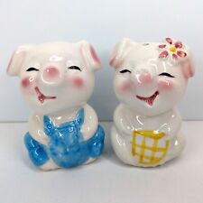 Vintage Cute Smiling White Pigs Overalls Apron Boy Girl Salt Pepper Shaker Set picture