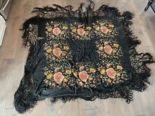 Vintage Large Possibly Asian Black Silk Embroidered Textile w Flowers Decoration picture