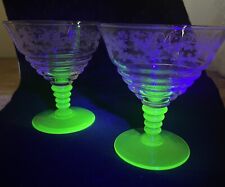 Set/2 Vintage Bryce Crystal Etched Green Uranium Wine Glasses picture
