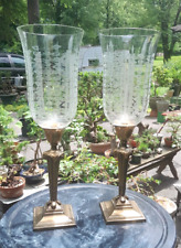 Pair Antique Monumental Hurricane Etched Glass Brass Candlestick picture