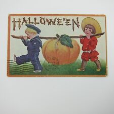 Vintage Halloween Postcard Boys Red & Blue Sailor Suit Carry Giant Pumpkin 1911 picture