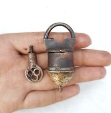 Rare 1900's Old Antique Brass Unique Shape Handcrafted Tricky System Lock & Key picture