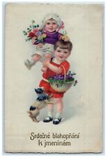 c1910's Birthday Little Boys With Flowers Clech Republic Antique Postcard picture