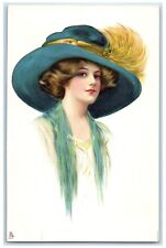 c1910's Pretty Woman Blue Big Hat Feather My Lady Fair Tuck's Antique Postcard picture