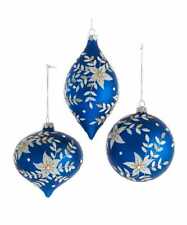 Indigo Blue Ball Finial Onion White Poinsettia Glass Ornament 4