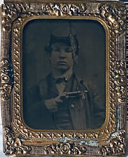 1800’s 1/9 Plate Tintype Photograph Young War Era Soldier w/ Revolver Gun picture