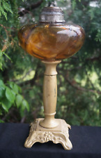 Antique 1870s Victorian French Amber Pattern Glass Oil Lamp - DEPOSE SIGNED picture