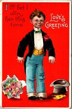 Valentine's Day PC Tuxedo Dressed Boy Top Hat Flower Bouquet Love's Greeting picture