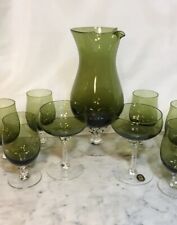 Vintage Sasaki Crystal 9 Pc Set, Olive Green, Decanter & 8 Glasses,  Labeled ❤️ picture