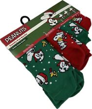 Peanuts Family 4 Pk Green Red Crew Polyester Holiday Snoopy Woodstock Sock Set picture
