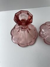Vintage Pink Depression Glass Candle Holders Set of 2, Scalloped Edged 4” High picture