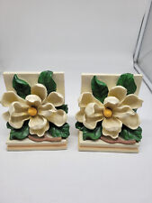 Vintage~CBK~1995~White Magnolia Flower~Realistic~Floral~Heavy Resin~Bookends~3-D picture