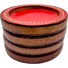 Vintage Set Of 4 Stitched Leather & Wood Red Coaster Western Southwestern 3.5