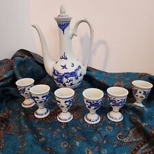 Vtg Jingdezhen Chinese Sake Set White W/ Blue Art Porcelain Pottery Twin Dragons picture