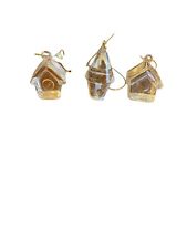 35 Mini Solid Clear Glass Bird House Ornaments. Three Kinds. Gold String picture