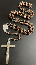 Vintage Catholic Capped Red Glass Rosary, Silver Tone Crucifix picture