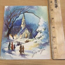 Vintage Christmas card mid century villagers going to church snow winter scene picture