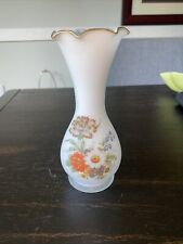 Vintage Frosted glass Bud Vase 6.5” White Satin Glass Scalloped Gold Trim picture