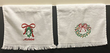 Fieldcrest Christmas Hand Towels White Mistletoe & Wreath 17X11 Vtg Set of 2  picture