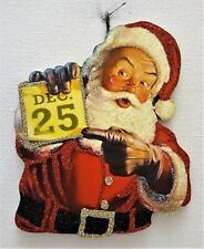 CLASSIC SANTA CLAUS w DEC 25 REMINDER PAGE * Glitter CHRISTMAS ORNAMENT  Vtg Img picture