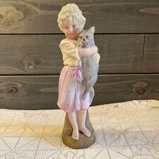 Large Vintage Girl With Gray Cat Figurine Statue 11.5” picture