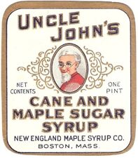Uncle John's Cane & Maple Sugar Syrup Unused 1920's Embossed Label Boston, Ma. picture