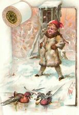 1880s-90s J&P Coats Best Six Cord White Black & Colors Boy in Snow with Ducks picture