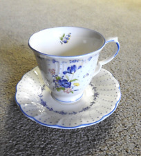 Nikko Tableware Japan Footed Blue Peony White Flowers Tea Coffee Cup & Saucer picture