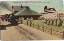 Sault Saint Marie, MI Michigan 1909 Postcard, Union Railroad Depot and Ship picture