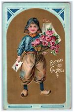 1912 Birthday Greetings Dutch Boy With Flowers And Letter Present Postcard picture