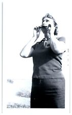 1960 Woman Blowing Whistle Bird Call Duck Chirp Instrument Horn VTG Photo A7 picture