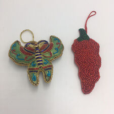 Lot of 2 Vintage Christmas Ornaments Metallic Beaded Butterfly and Chili Pepper  picture