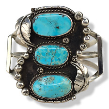 Vintage Navajo Native American Sterling Silver Turquoise 3 Stone Cuff Bracelet picture
