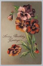 Loving Birthday Greetings~Red & Orange Pansy Flowers~Embossed~Vintage Postcard picture