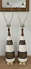 Pair Of Vintage MCM Ceramic Pottery Lamps W/ Wood, Brass and Carved Detail picture