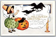 1910s Whitney Made Halloween Postcard Caws Crows Jack O Lantern Girl Antique A31 picture