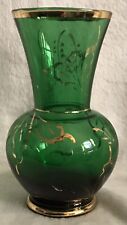 Vintage Adorable Small 4” Green Glass Vase With  Gold Made In Italy picture