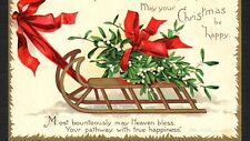Postcard c1900 Ellen Clapsaddle Christmas Sled Ribbon Mistletoe UDB picture