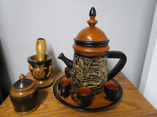 Vintage 12 pc Large HAITI HANDCRAFTED Carved WOOD  Teapot & Set W/ Stand & Cups picture