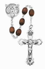 Rosaries Brown Wood Bead SILVER Center And Crucifix 6X 8mm Beads picture