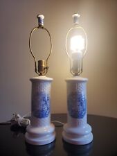 2 Beautiful Cottage Style Matching Table Lantern Lamps 1960 Vintage White Blue  picture