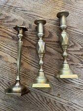 3 Brass Candlesticks 2 Push-up King Of Diamonds Style, 1 Marked A.B.A. Solid  picture