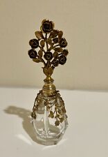 Vintage Crystal Perfume Bottle with Ornate Brass Flowers & Long Glass Dauber picture