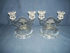 Two Armed Glass Etched Candelabra Set Used picture