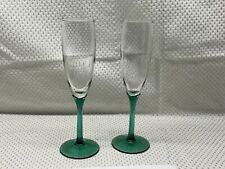 Two (2) Libbey Domaine Juniper Green Petal Stem Champagne Clear Flute Glasses picture