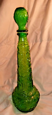 Vintage MCM Green Glass Genie Bottle With Stopper. Flower Pattern. picture
