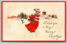 Merry Christmas Lady Poinsettia Embellished Antique Postcard PM Providence RI DB picture